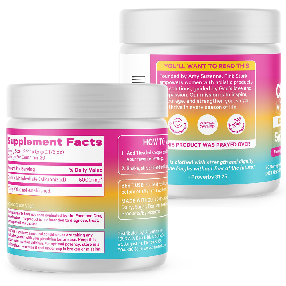 Pink Stork Creatine Monohydrate kitchen scene with water bottle
