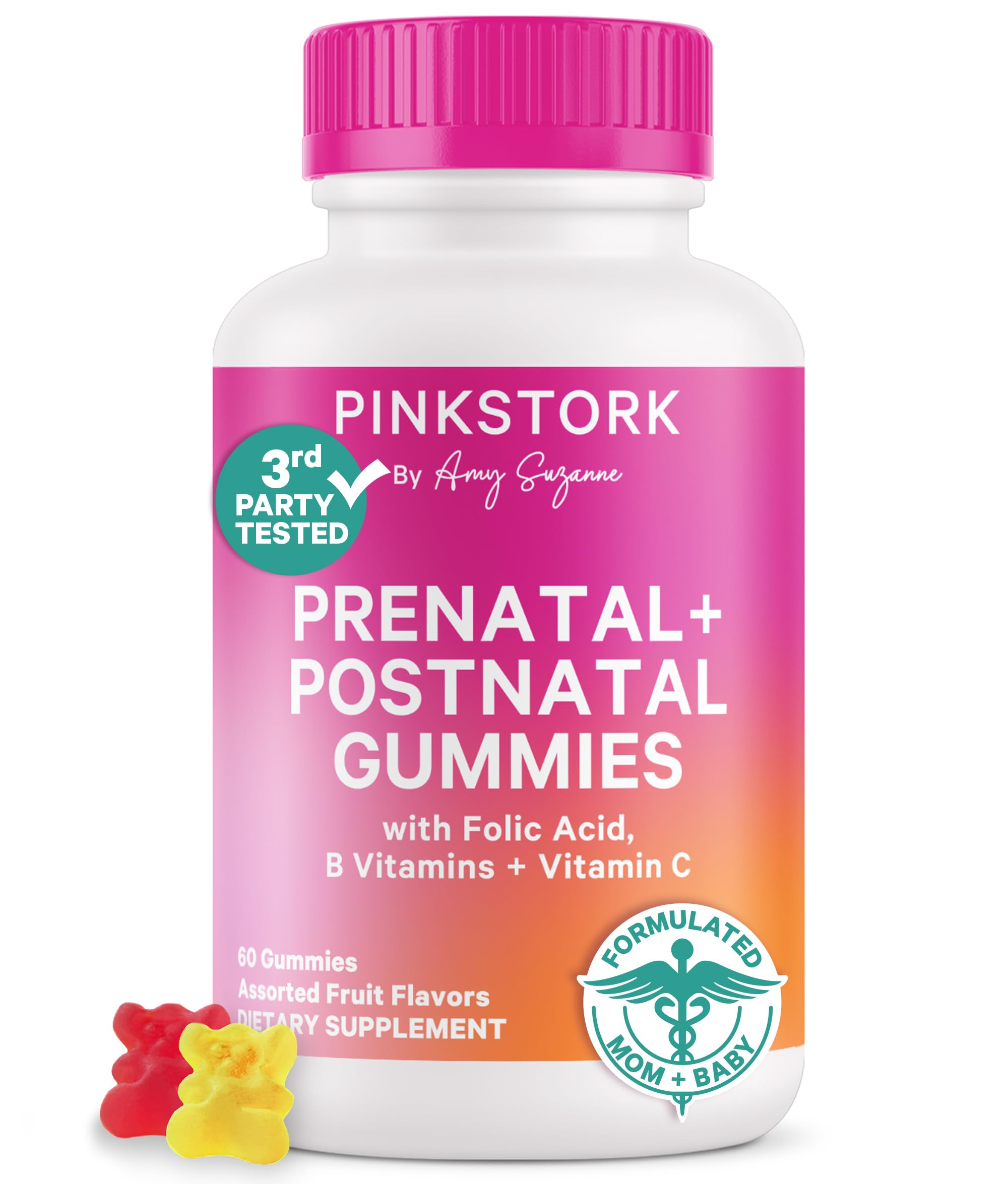 Pink Stork fertility prenatal postnatal gummies packshot for daily support.