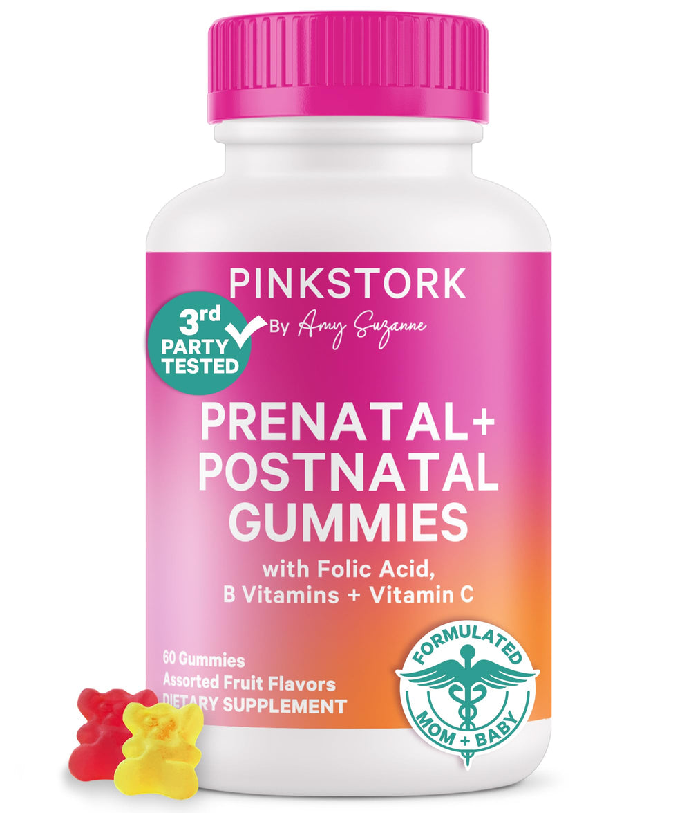 Pink Stork fertility prenatal postnatal gummies packshot for daily support.