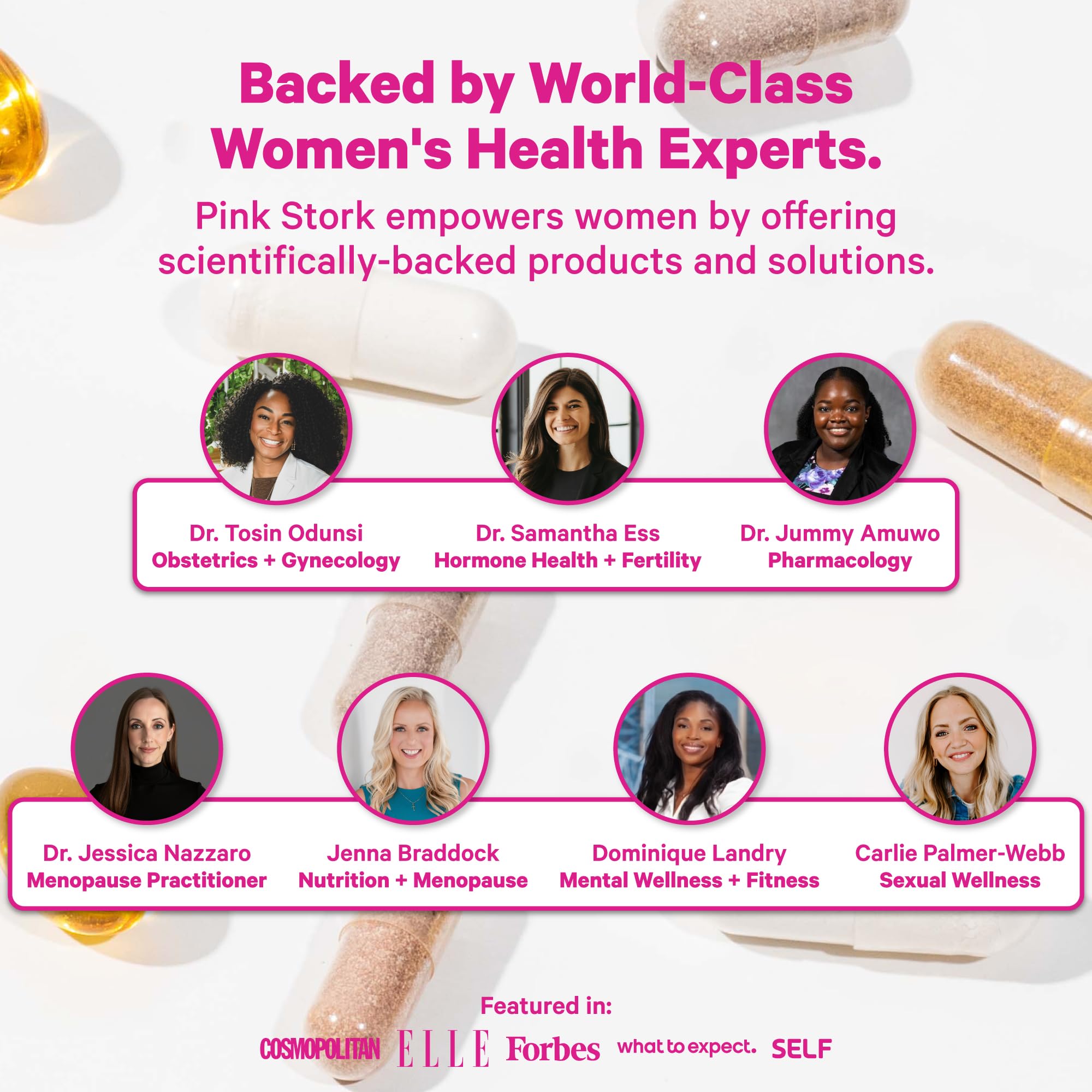 Pink Stork ingredients label highlighting vegan, gluten-free, non-GMO quality.