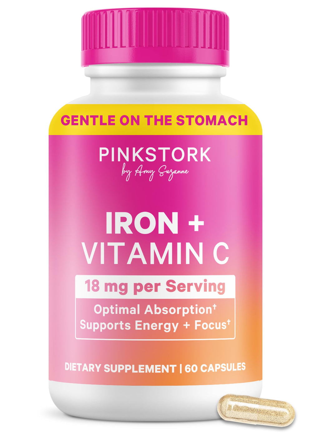 Pink Stork Iron bisglycinate capsule for gentle iron support.