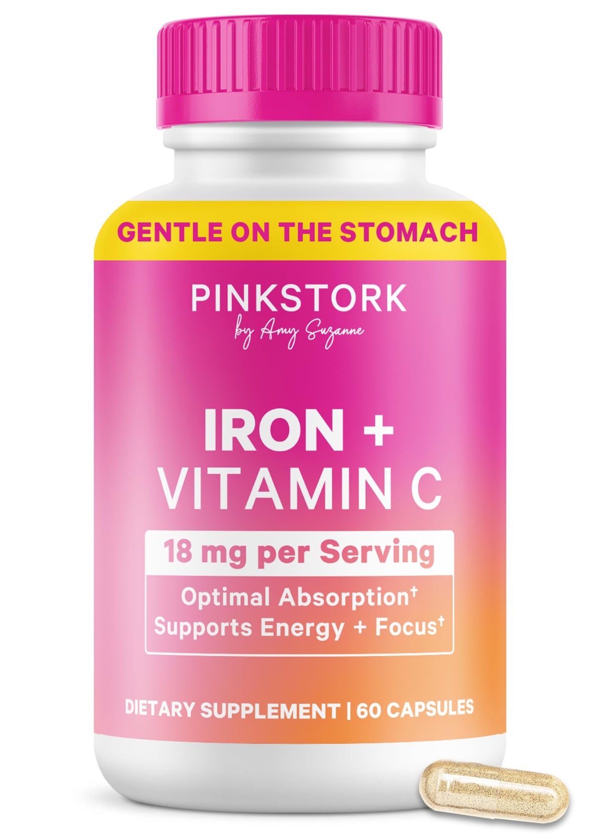 Pink Stork Iron bisglycinate capsule for gentle iron support.