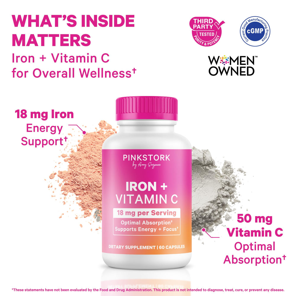 Pink Stork Iron bottle front label showing 60 capsules for steady energy.
