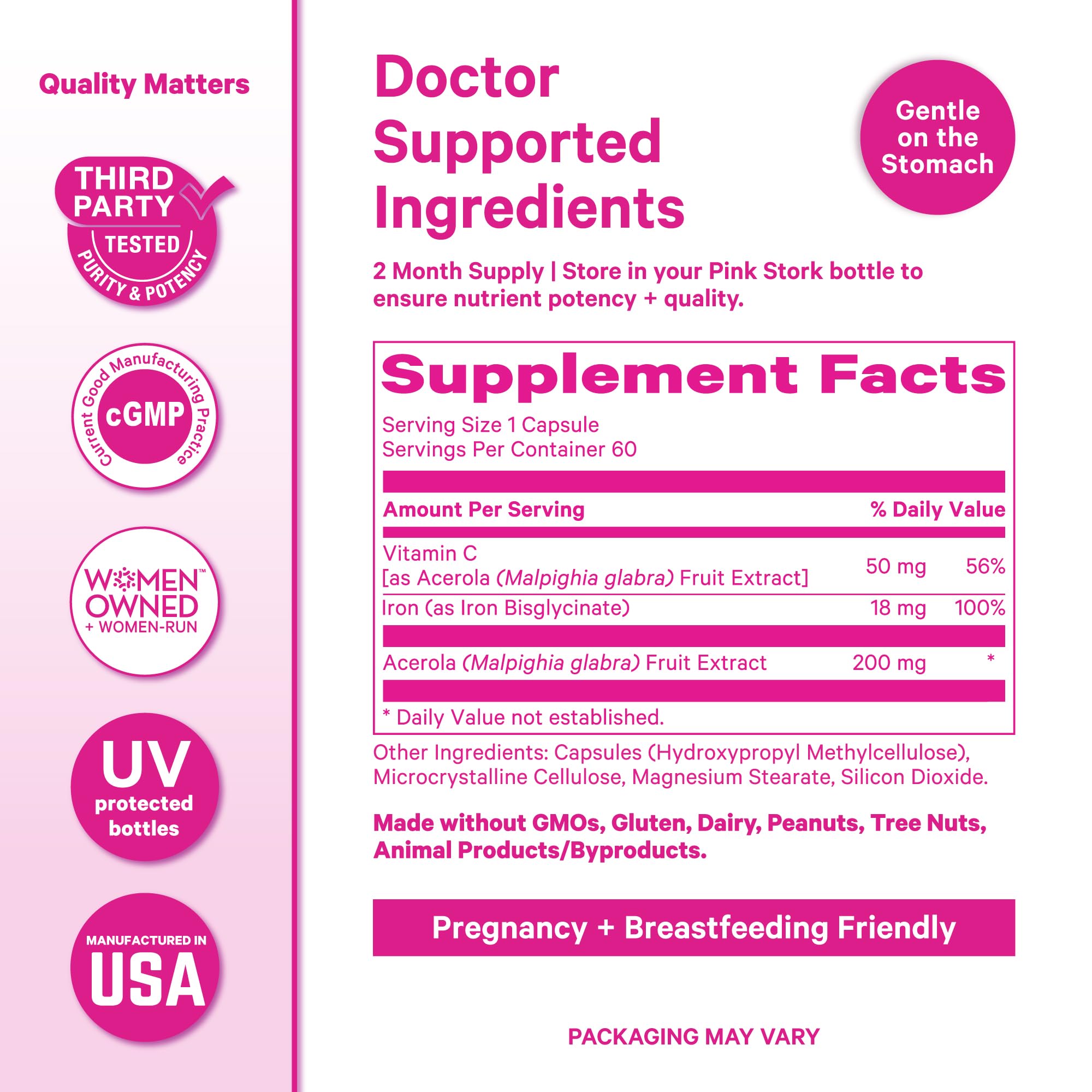 Pink Stork Iron ingredients panel lists chelated iron and acerola vitamin C.