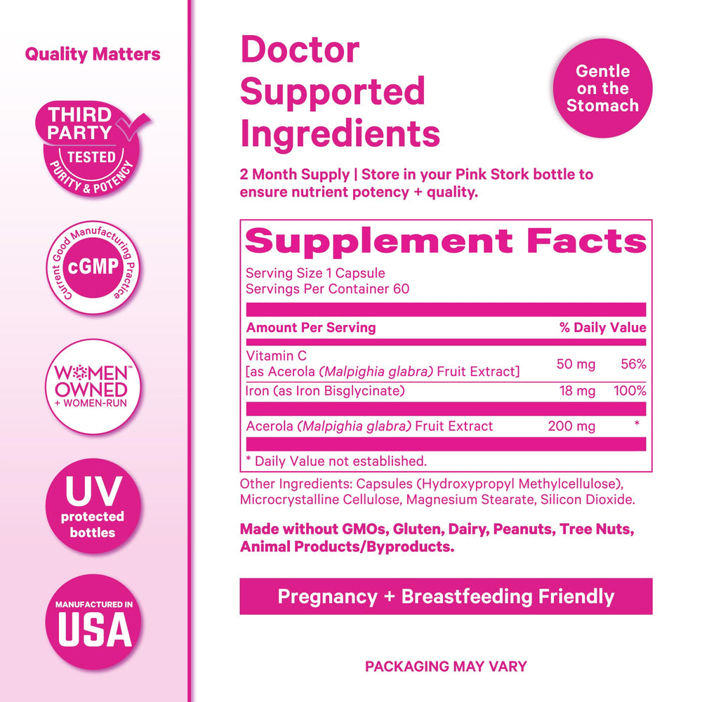 Pink Stork Iron ingredients panel lists chelated iron and acerola vitamin C.