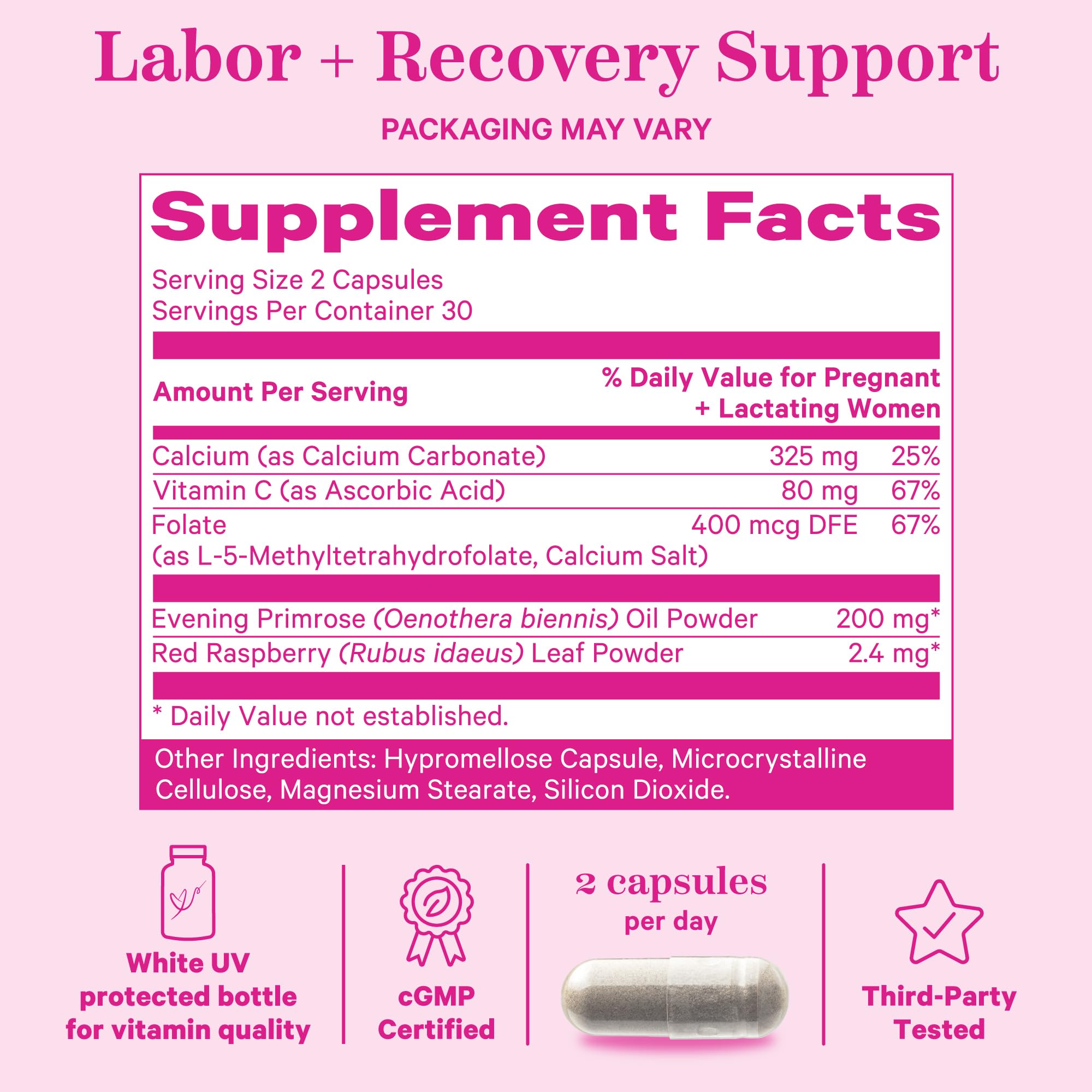 Front of Pink Stork Labor Prep packaging appears clean and family-friendly.