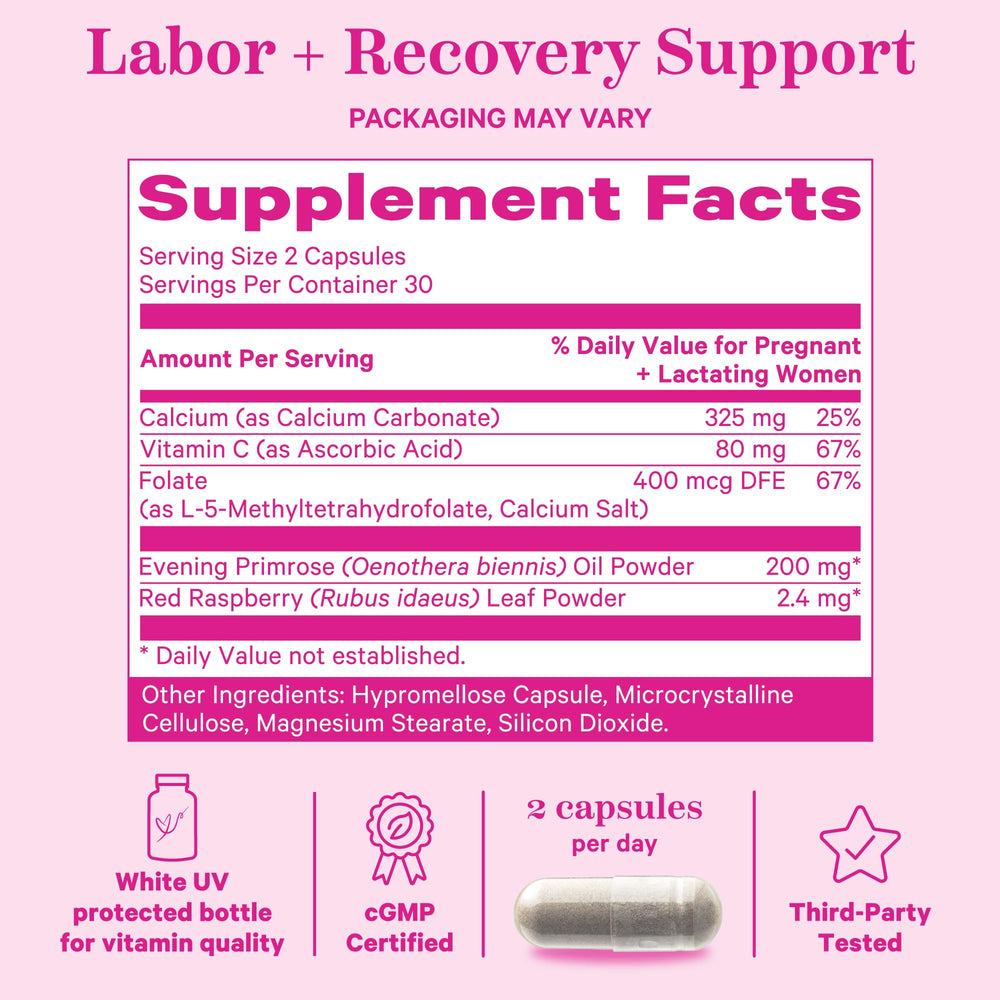 Front of Pink Stork Labor Prep packaging appears clean and family-friendly.