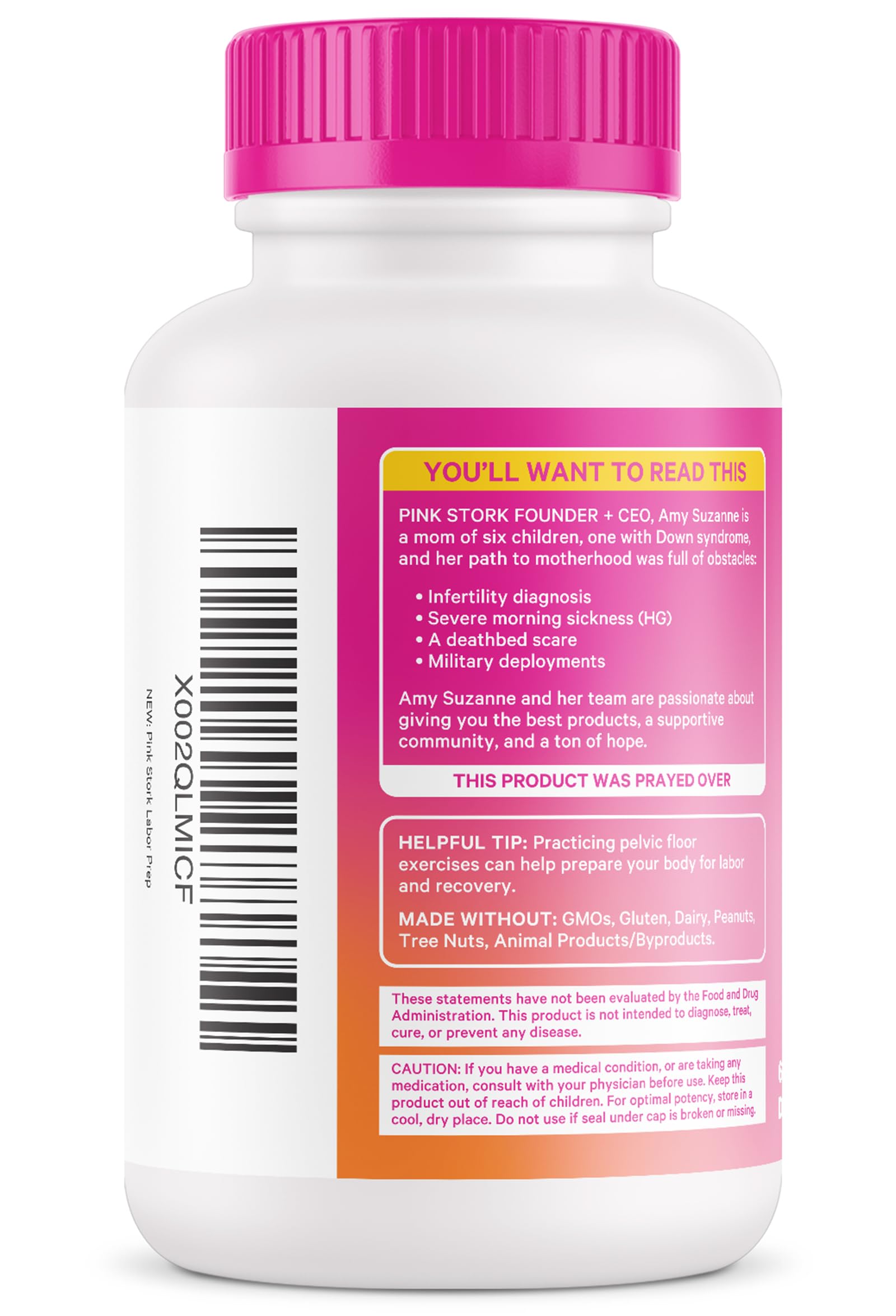 Pink Stork vegan logo signals plant-based, pregnancy-friendly formula.