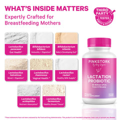 Pink Stork probiotic daily capsule scene; supports digestive wellness during breastfeeding.