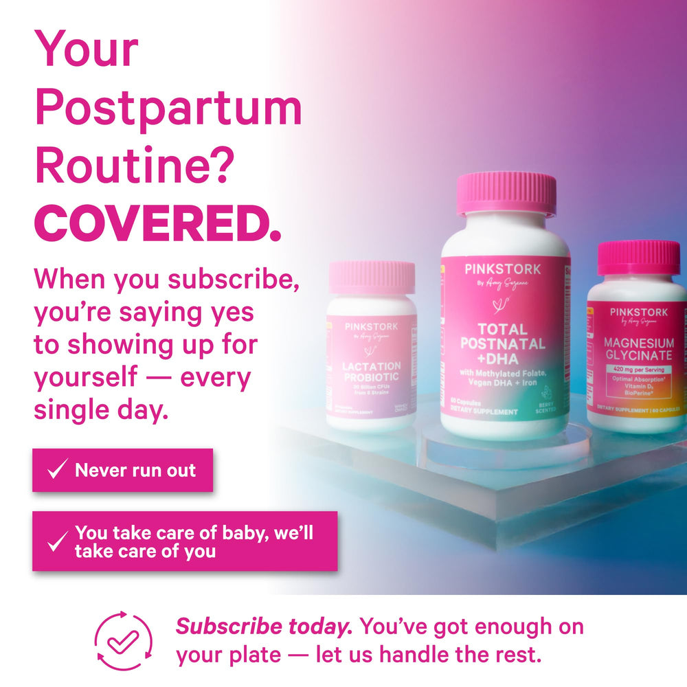 Pink Stork Lactation Probiotic packaging with clear labeling and trust signals.