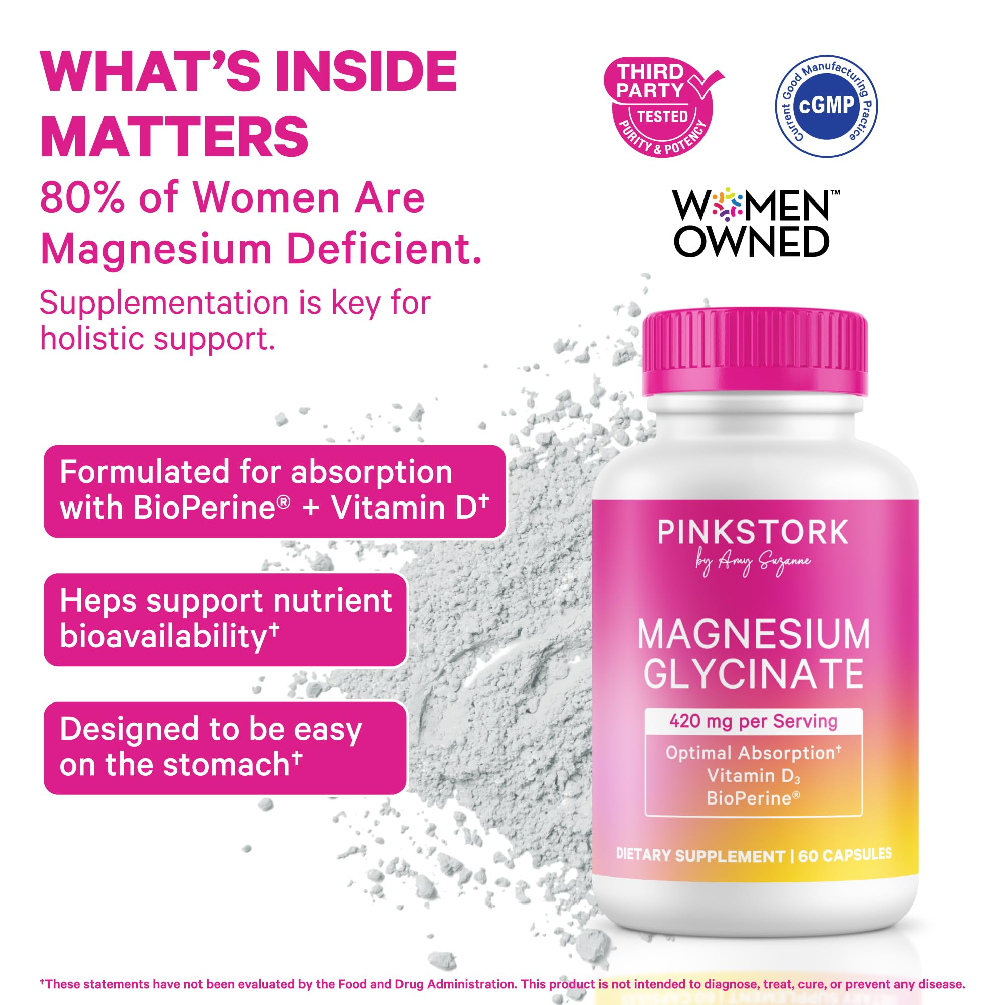 Close-up of Pink Stork Magnesium Glycinate capsules for daily energy and calm.