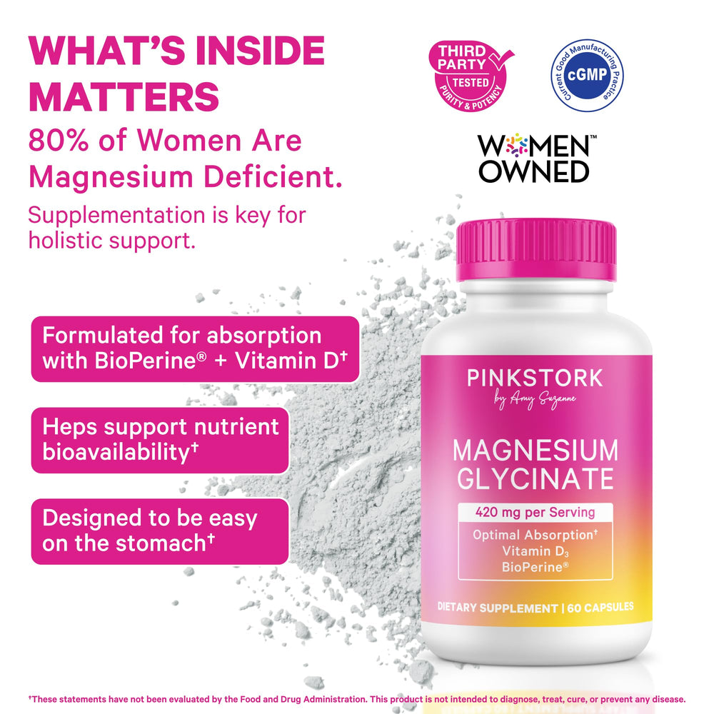 Close-up of Pink Stork Magnesium Glycinate capsules for daily energy and calm.