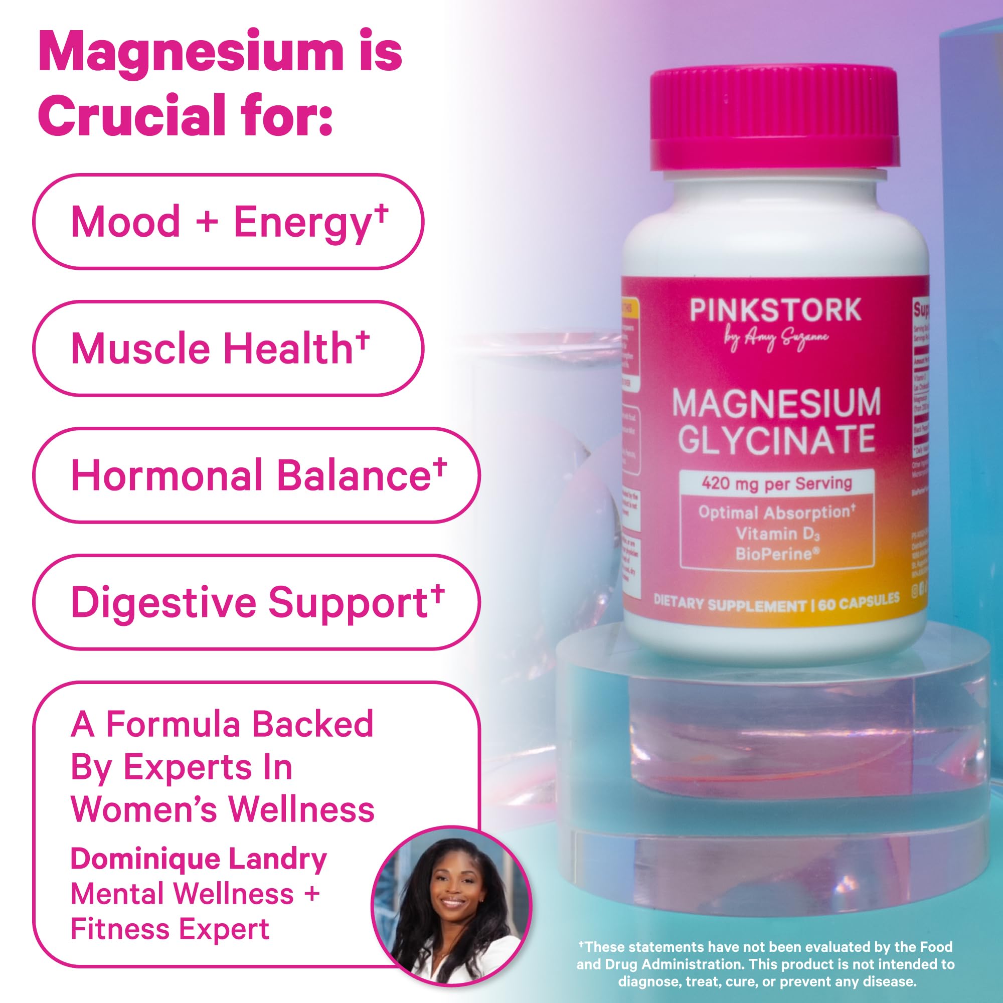 Pink Stork Magnesium Glycinate capsules being poured into a drink for easy daily use.