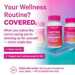 Pink Stork Magnesium Glycinate bottle on nightstand signals daily wind-down.