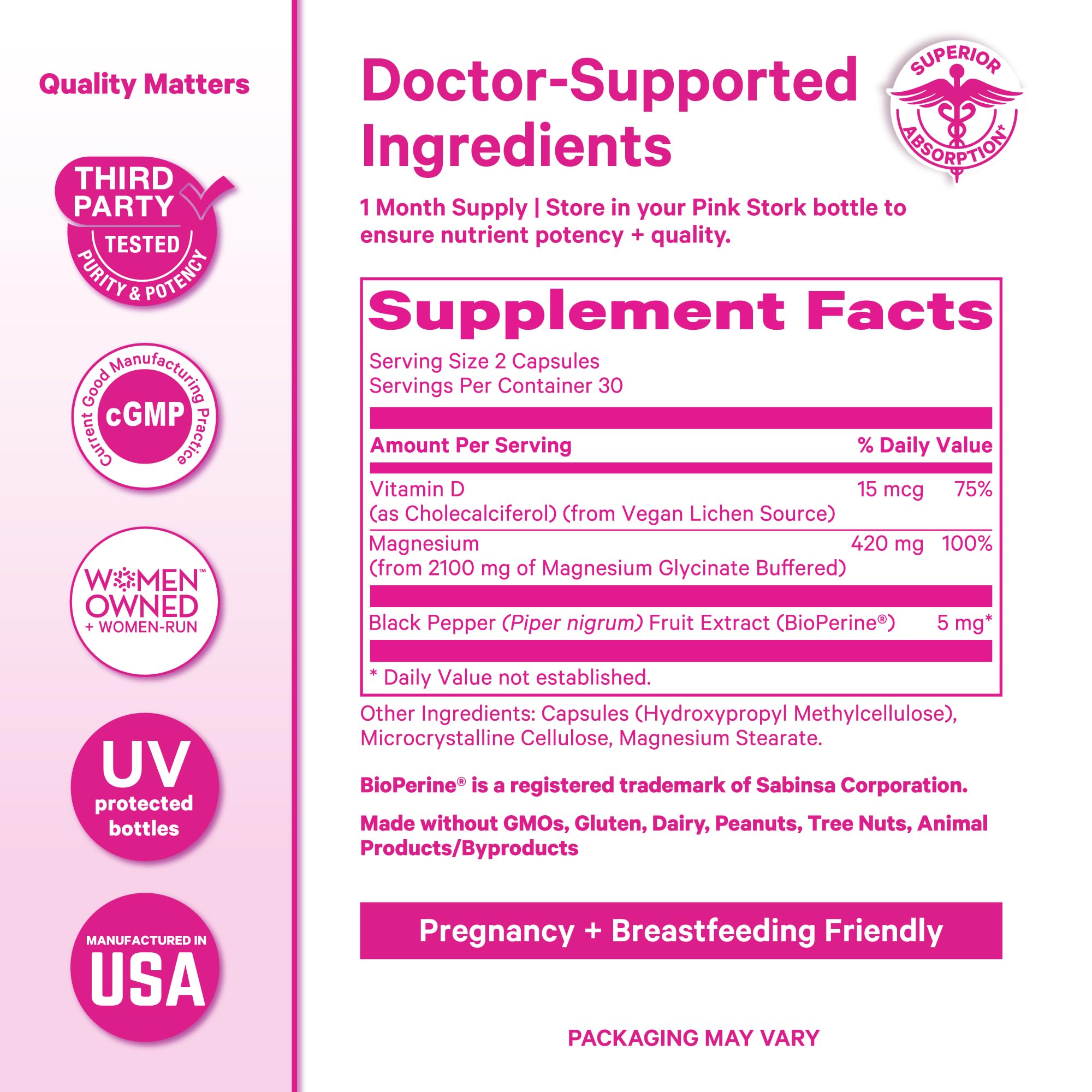 Pink Stork Magnesium Glycinate label emphasizes non-GMO, gluten-free, dairy-free.