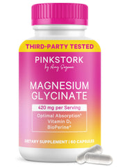 Pink Stork Magnesium Glycinate with Vitamin D bottle supports mood and calm.