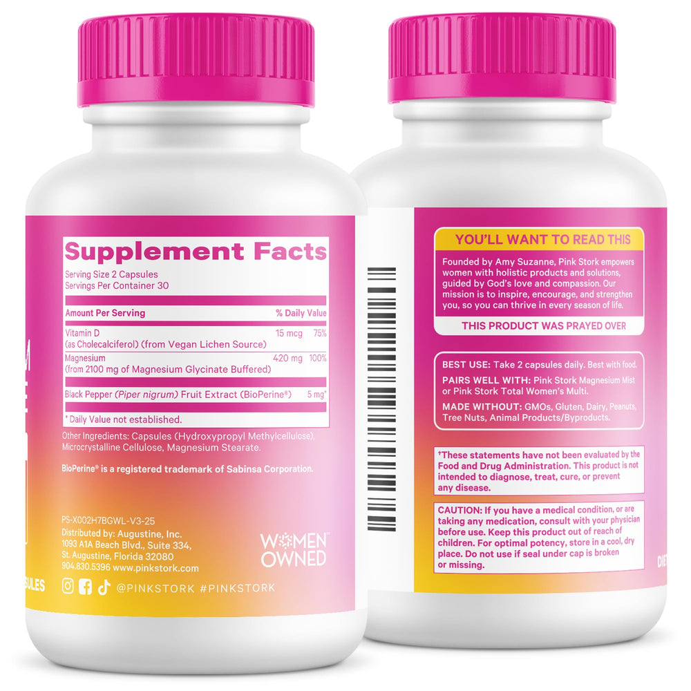 Vitamin D detail in Pink Stork Magnesium Glycinate supports mood.