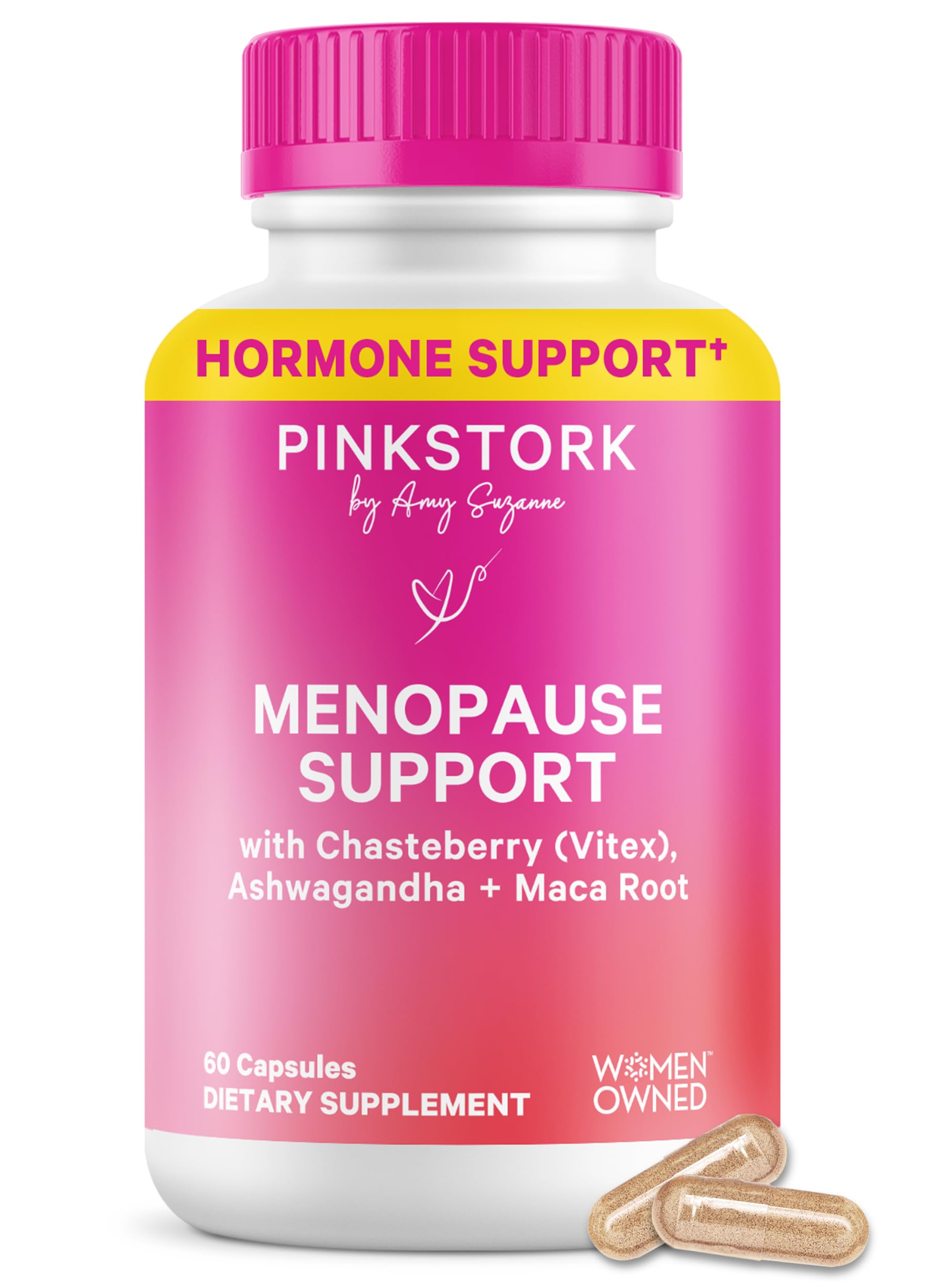 Pink Stork Menopause Support bottle front may support non-hormonal balance for hot flashes.