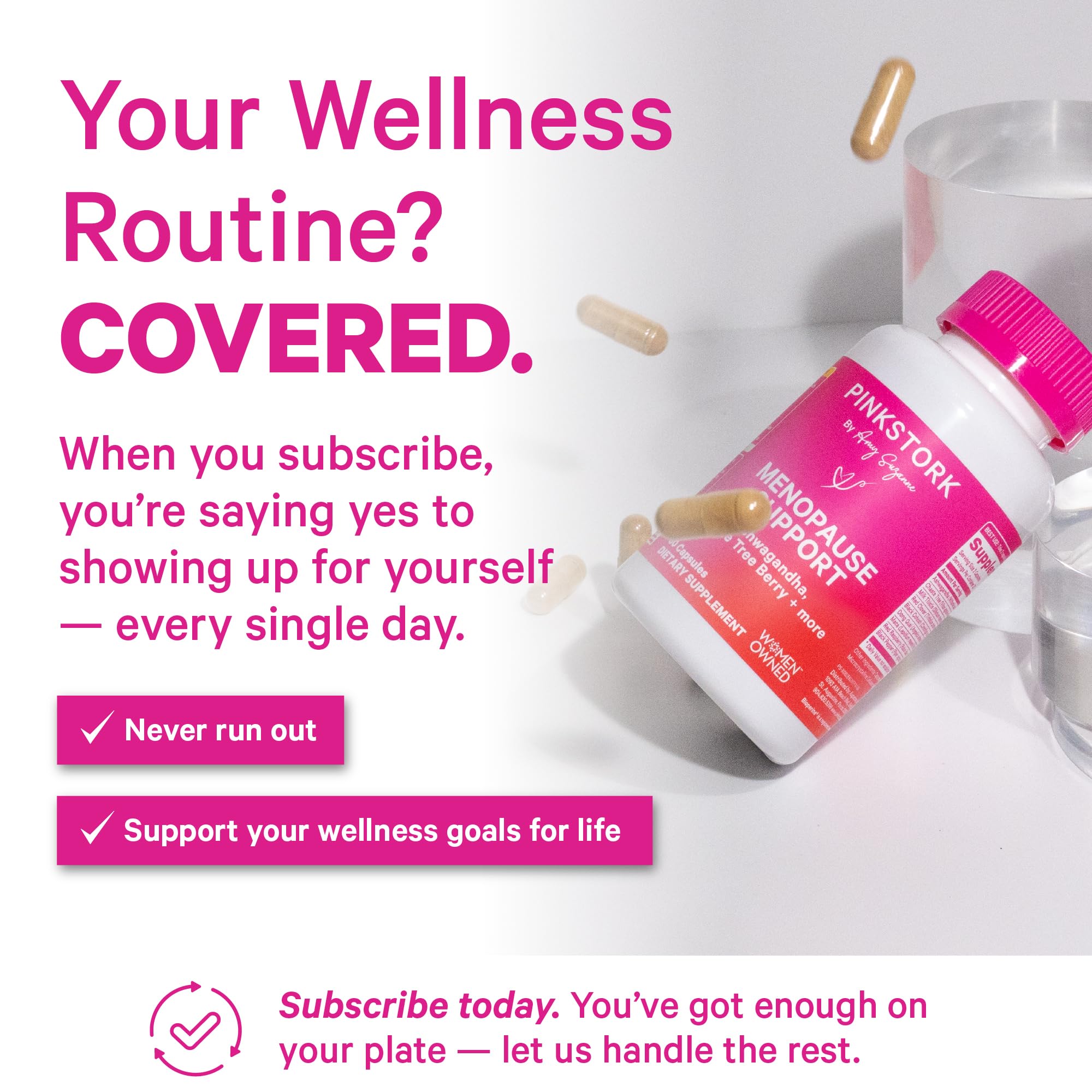 Pink Stork Menopause Support bottle inside view shows compact vegan capsules.