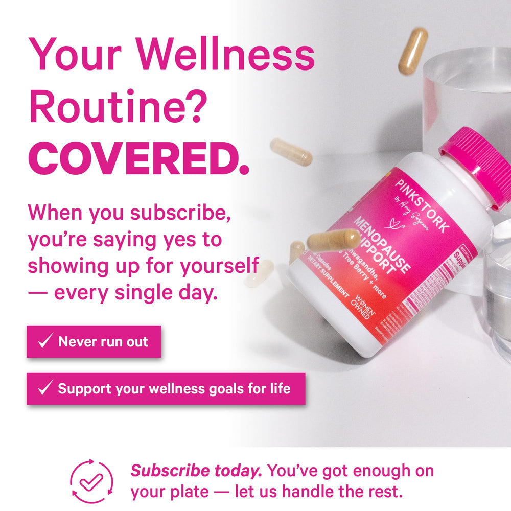 Pink Stork Menopause Support bottle inside view shows compact vegan capsules.