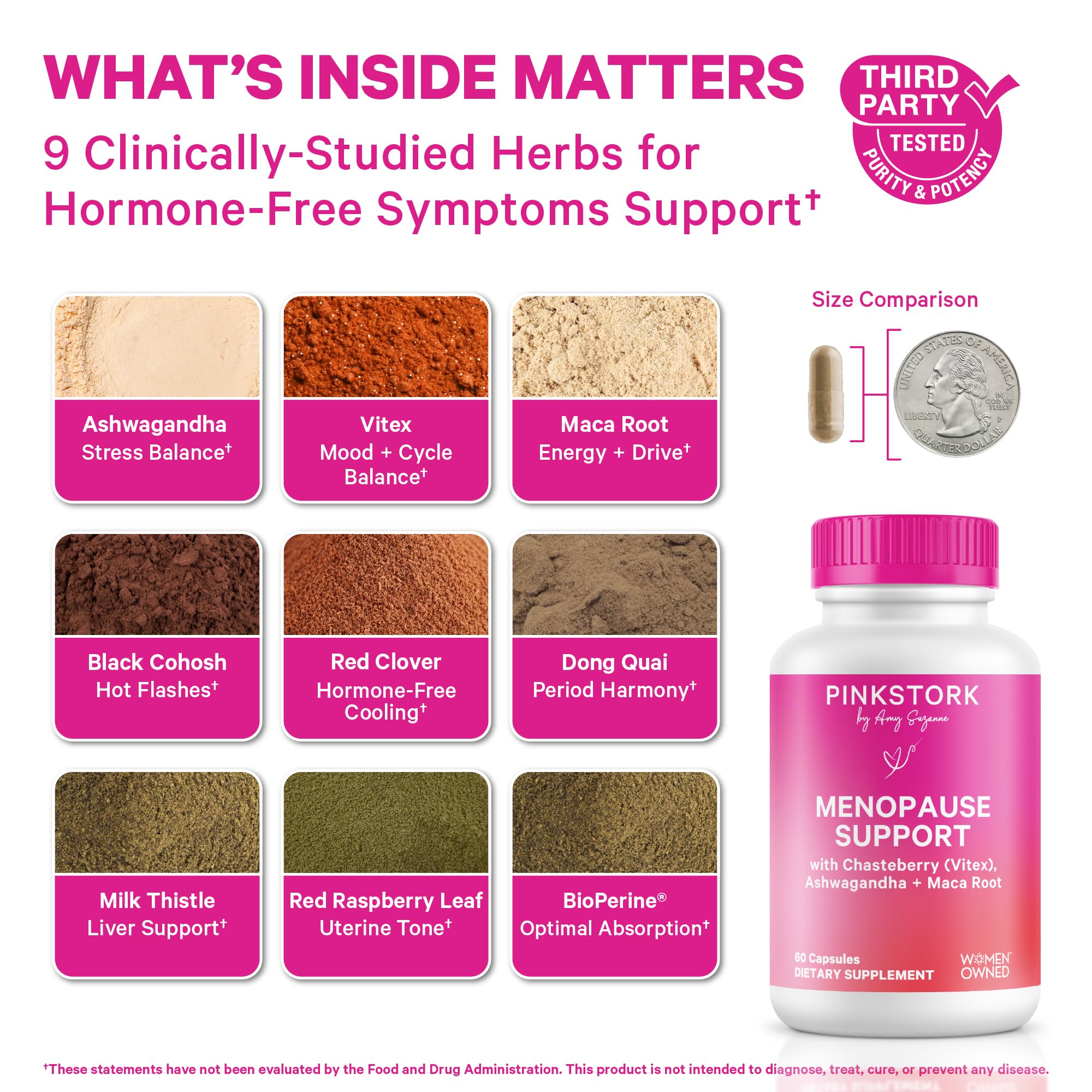 Pink Stork Menopause Support capsules closeup highlight plant-based ingredients for daily use.