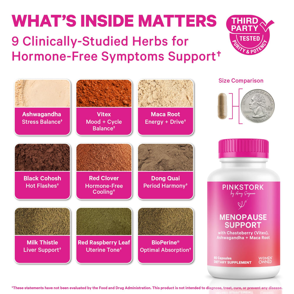 Pink Stork Menopause Support capsules closeup highlight plant-based ingredients for daily use.