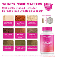 Pink Stork Menopause Support capsules closeup highlight plant-based ingredients for daily use.
