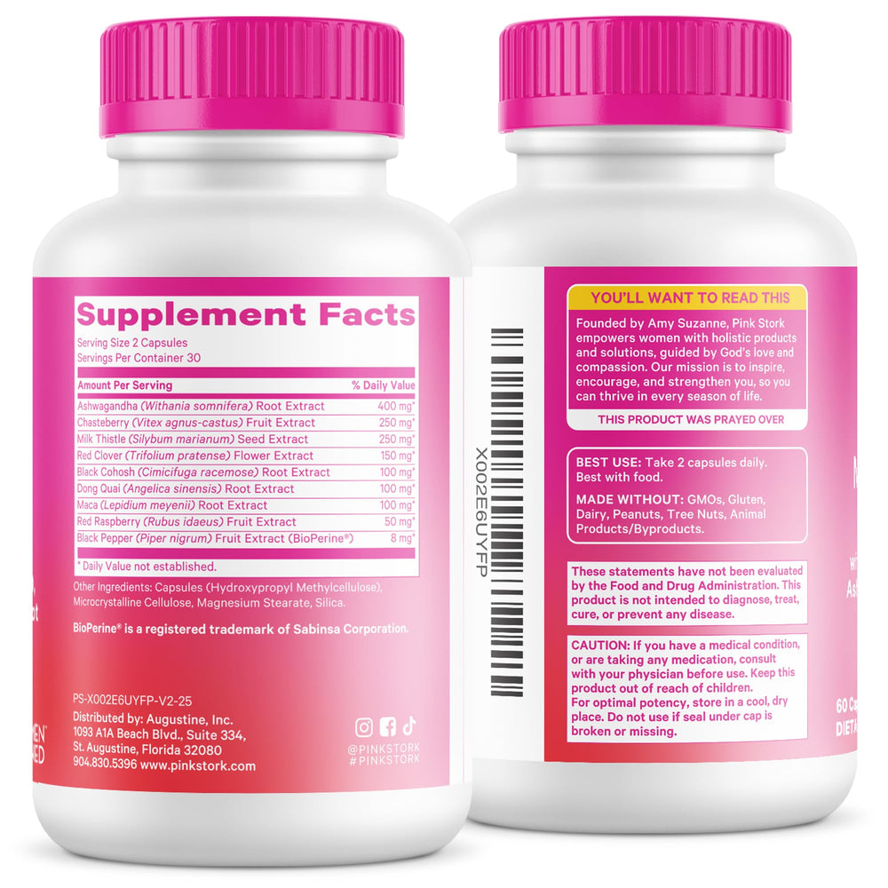 Pink Stork Menopause Support eco packaging emphasizes clean-label and sustainability.