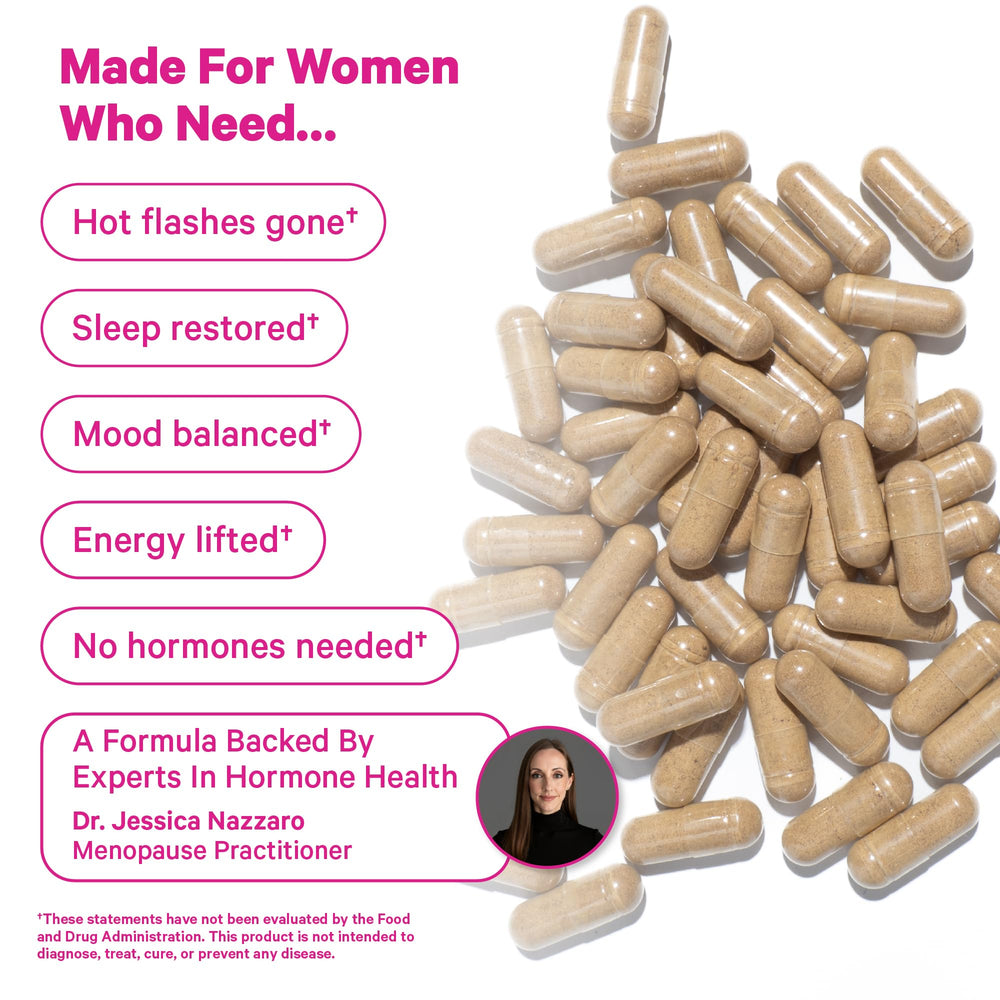Pink Stork Menopause Support label ingredients emphasize estrogen-free, soy-free, and gluten-free formulation.