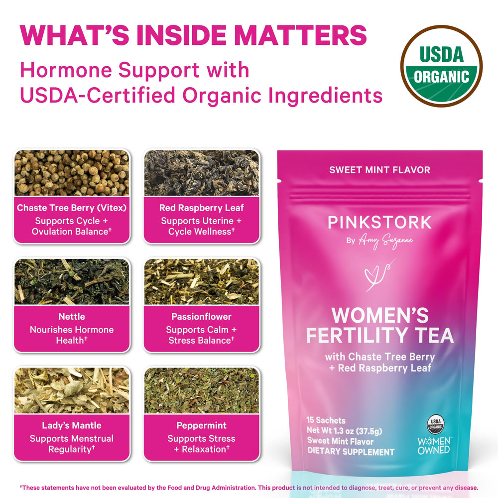 Pink Stork Fertility Tea steeping with red raspberry leaf for nourishment
