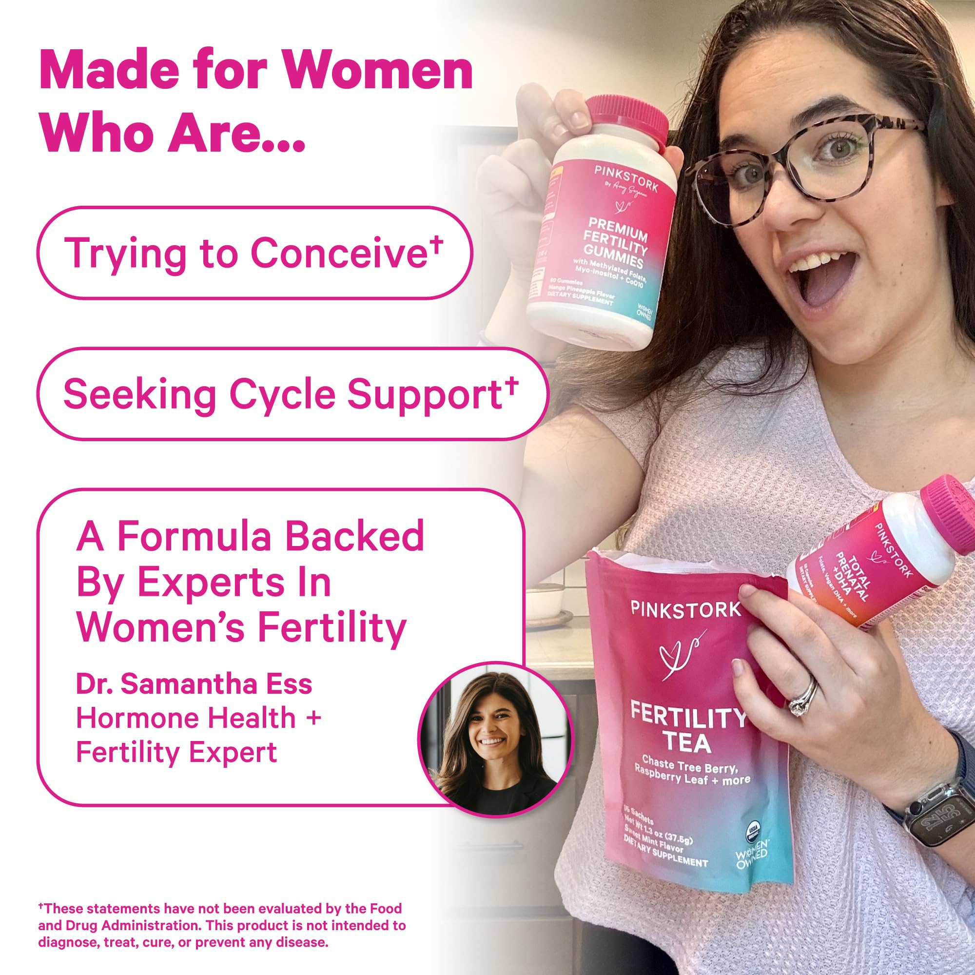 Pink Stork Fertility Tea sachets in compostable packaging for a greener routine