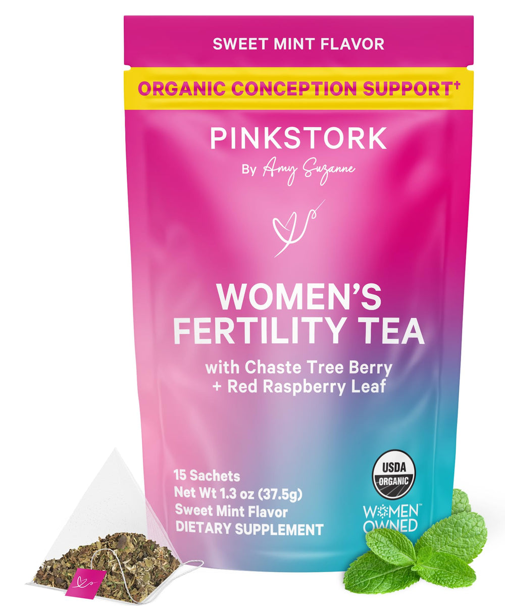 Pink Stork Fertility Tea Sweet Mint brew for a calming, caffeine-free ritual
