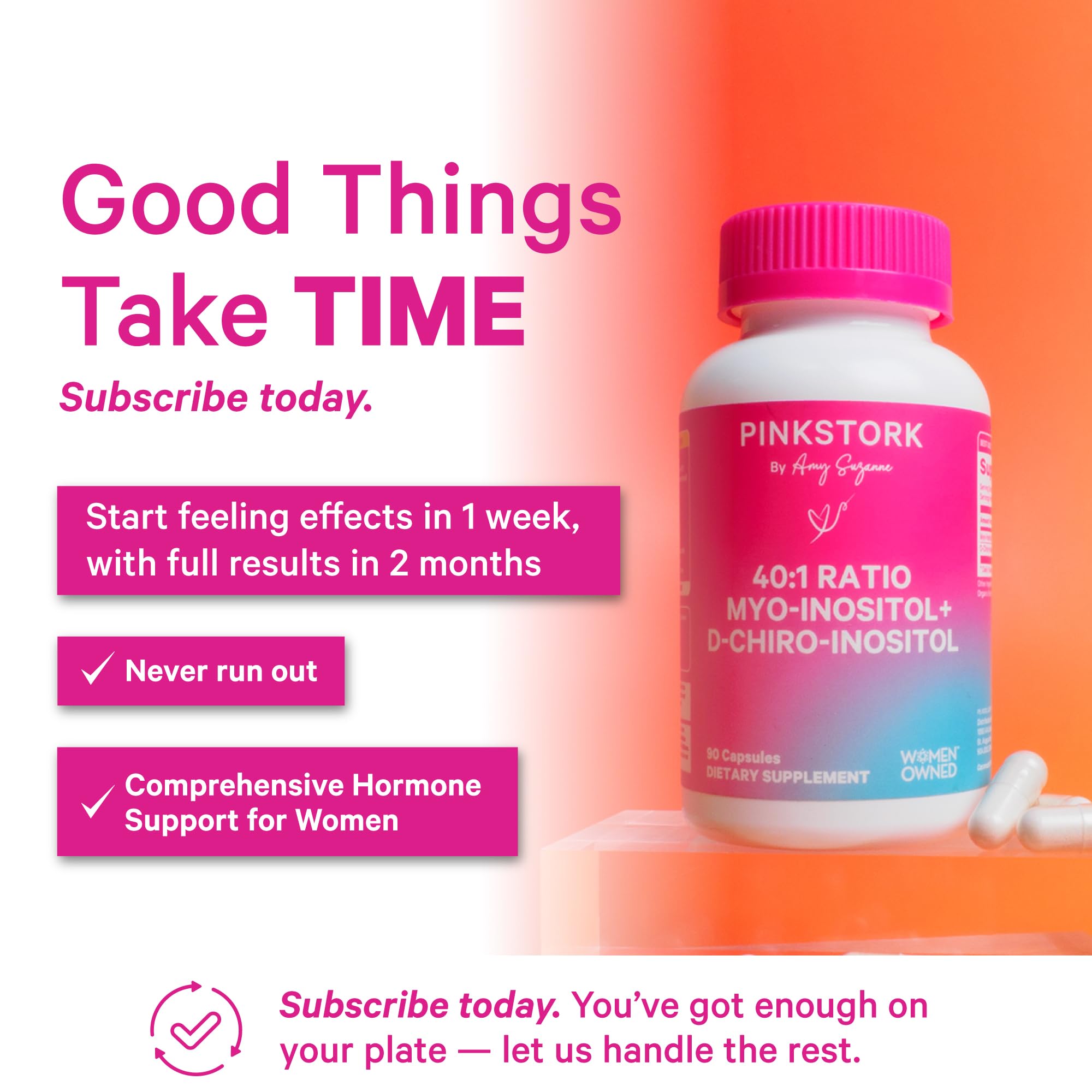 Pink Stork ovarian health packaging conveys easy daily use.