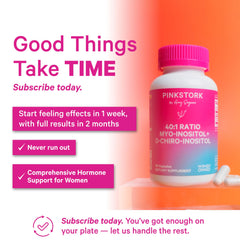 Pink Stork ovarian health packaging conveys easy daily use.