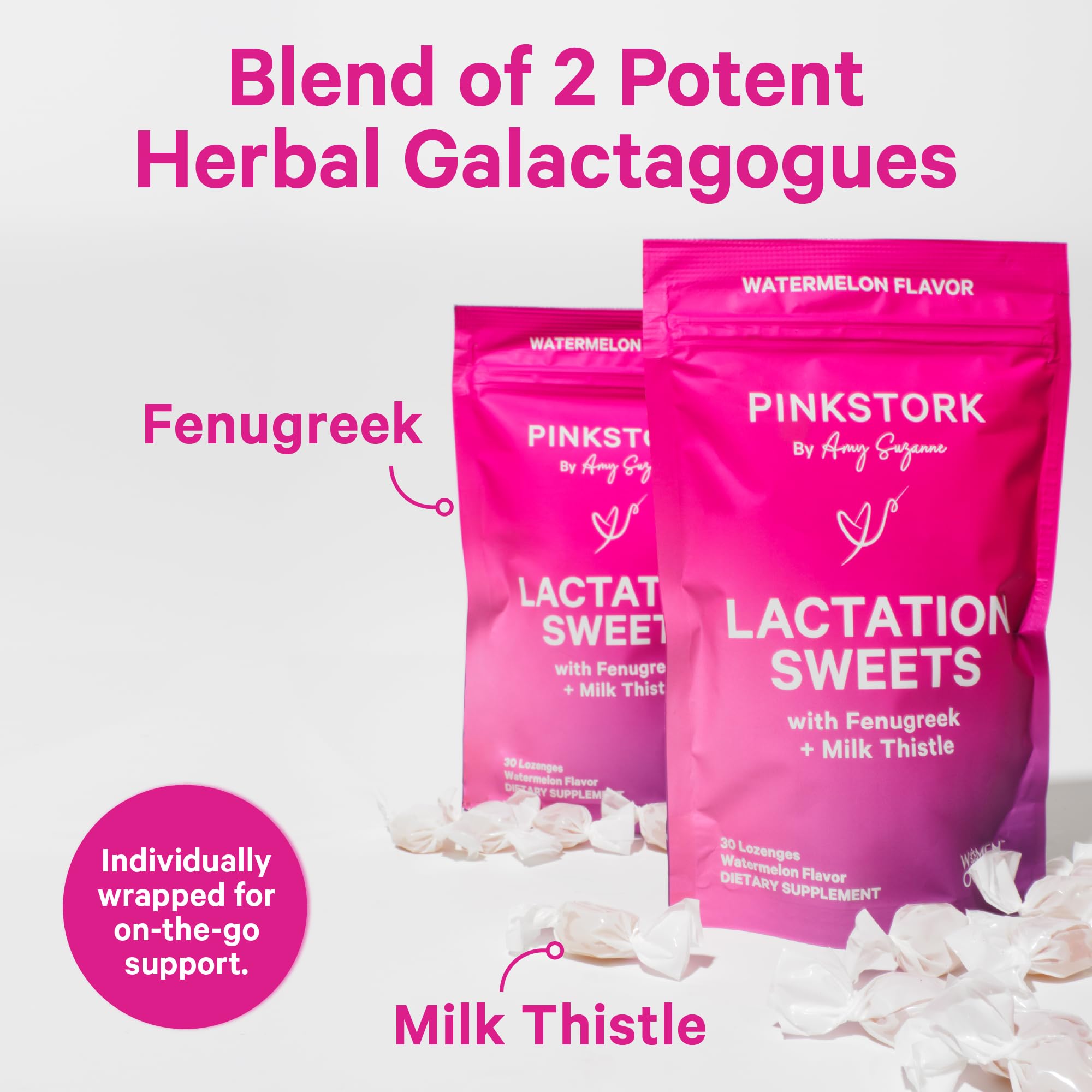 Pink Stork Lactation Sweets packaging, portable individually wrapped drops for easy postpartum use.