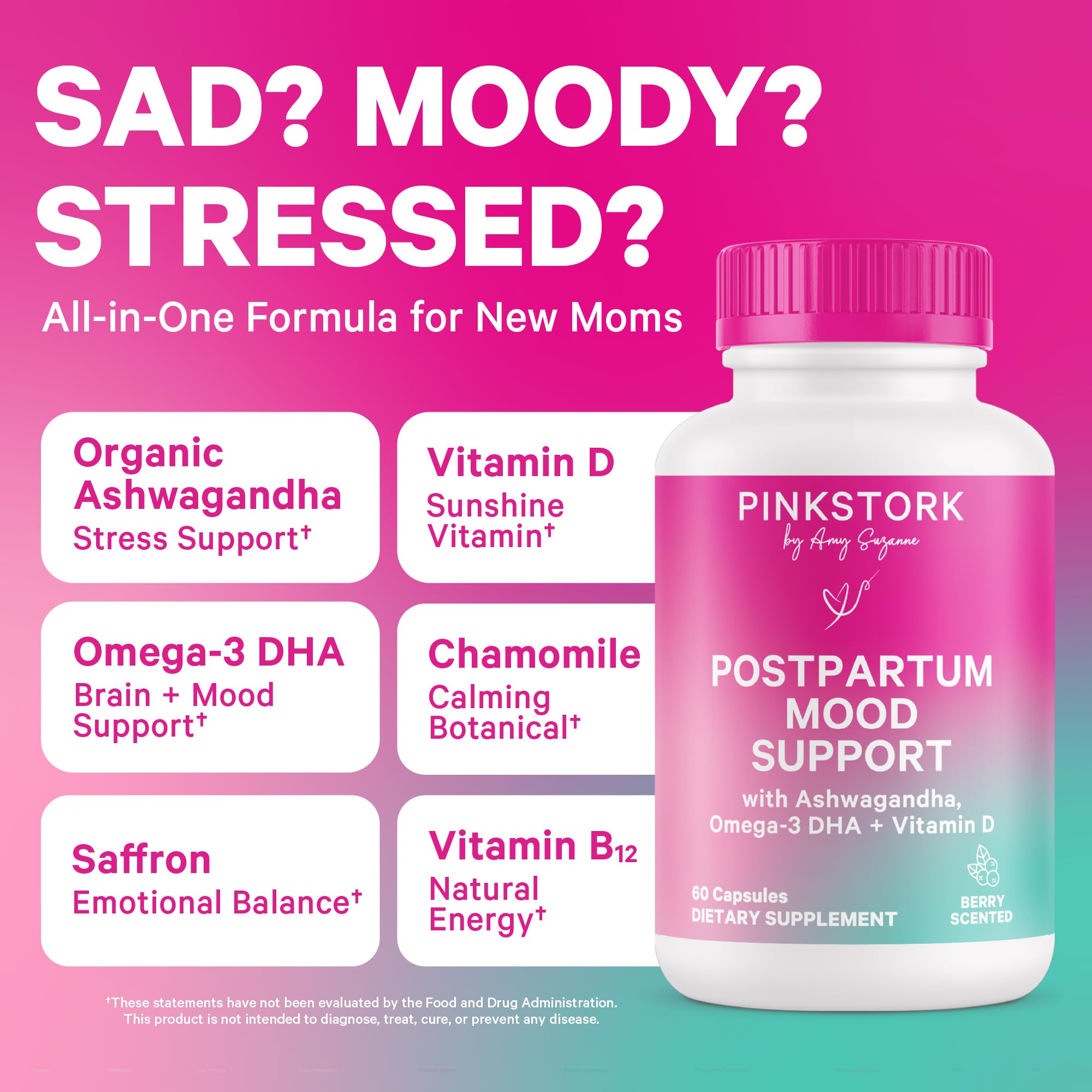 Pink Stork Postpartum Mood Support capsules ready to support daily wellness.