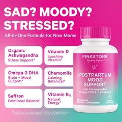 Pink Stork Postpartum Mood Support capsules ready to support daily wellness.