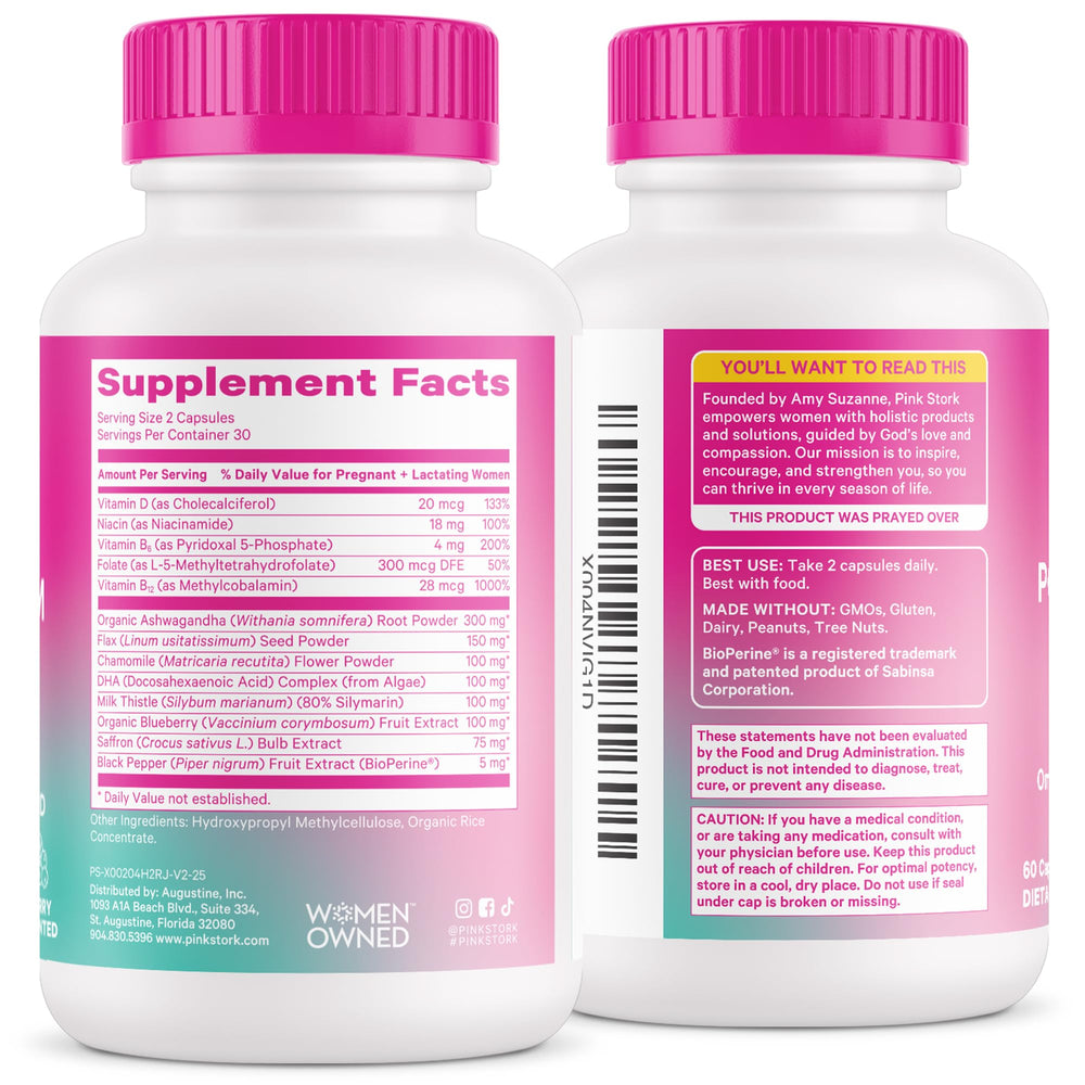 Pink Stork Postpartum Mood Support clean-label formulation packaging.