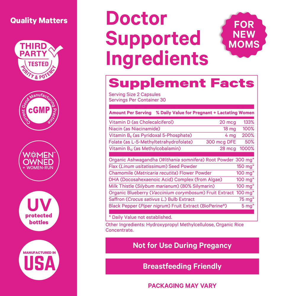 Pink Stork Postpartum Mood Support DHA algae highlights plant-based omega-3s.