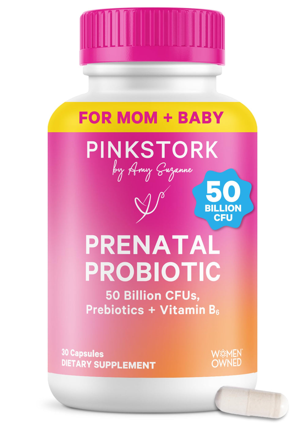 Pink Stork Prenatal Probiotic bottle for daily use supporting digestive balance during pregnancy.