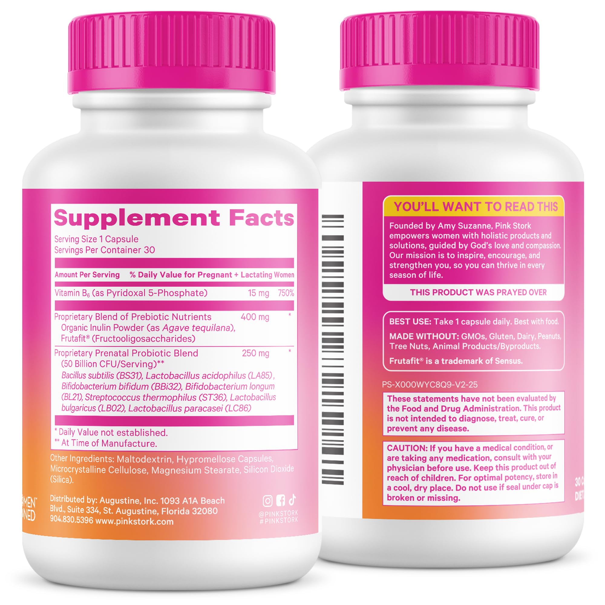 Cap and bottle on white background suggesting clean, tested prenatal probiotic.