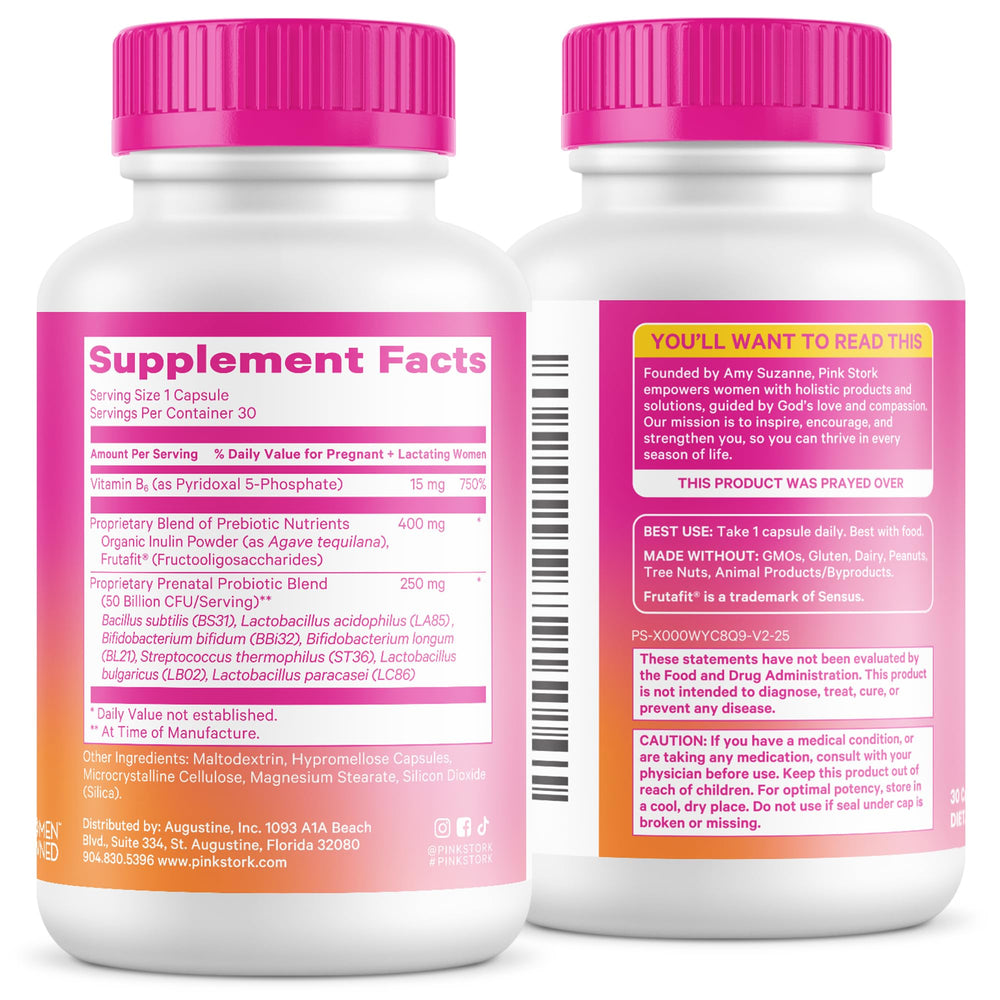 Cap and bottle on white background suggesting clean, tested prenatal probiotic.