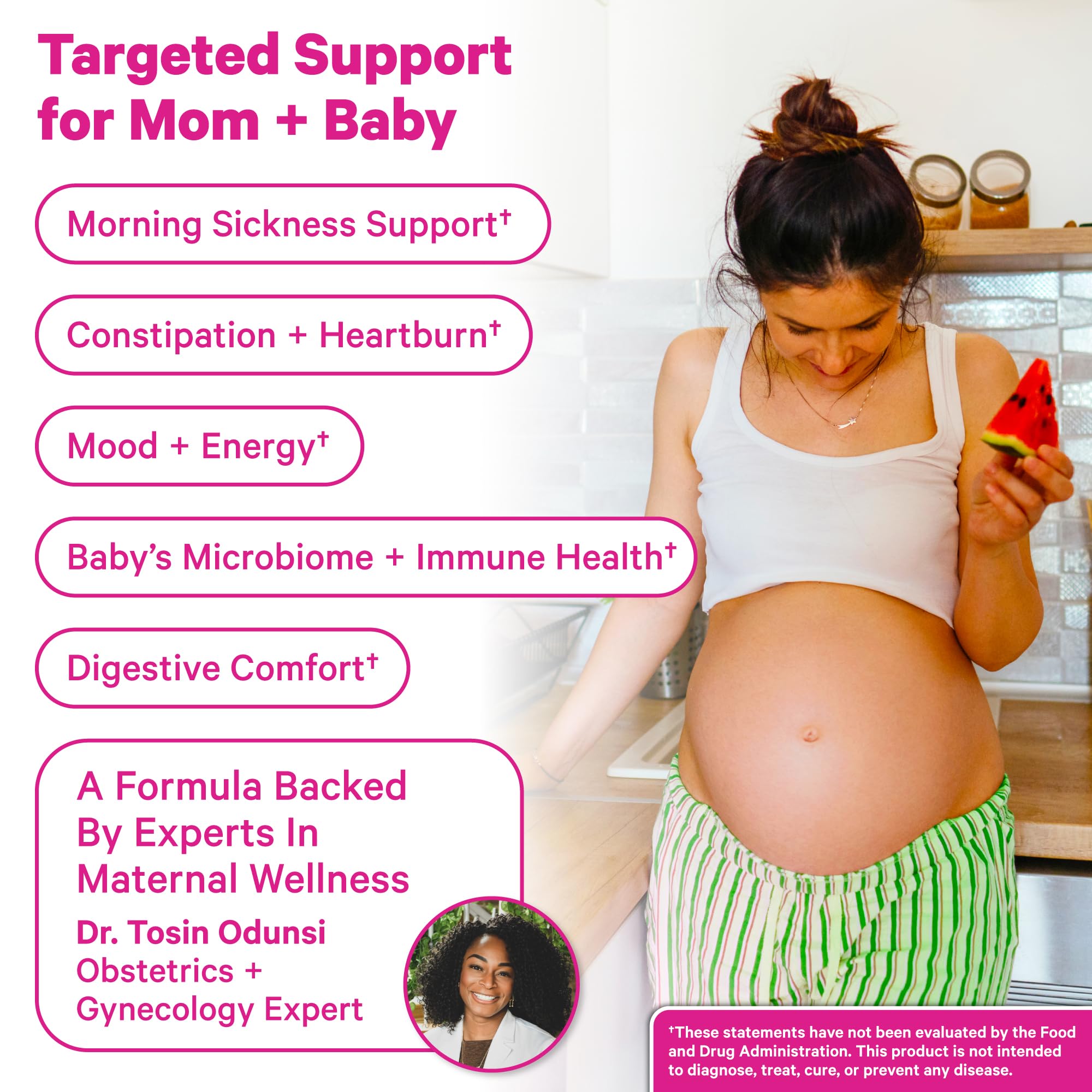 Bottle label featuring Vitamin B6 and prebiotic inulin for nutrient support during pregnancy.