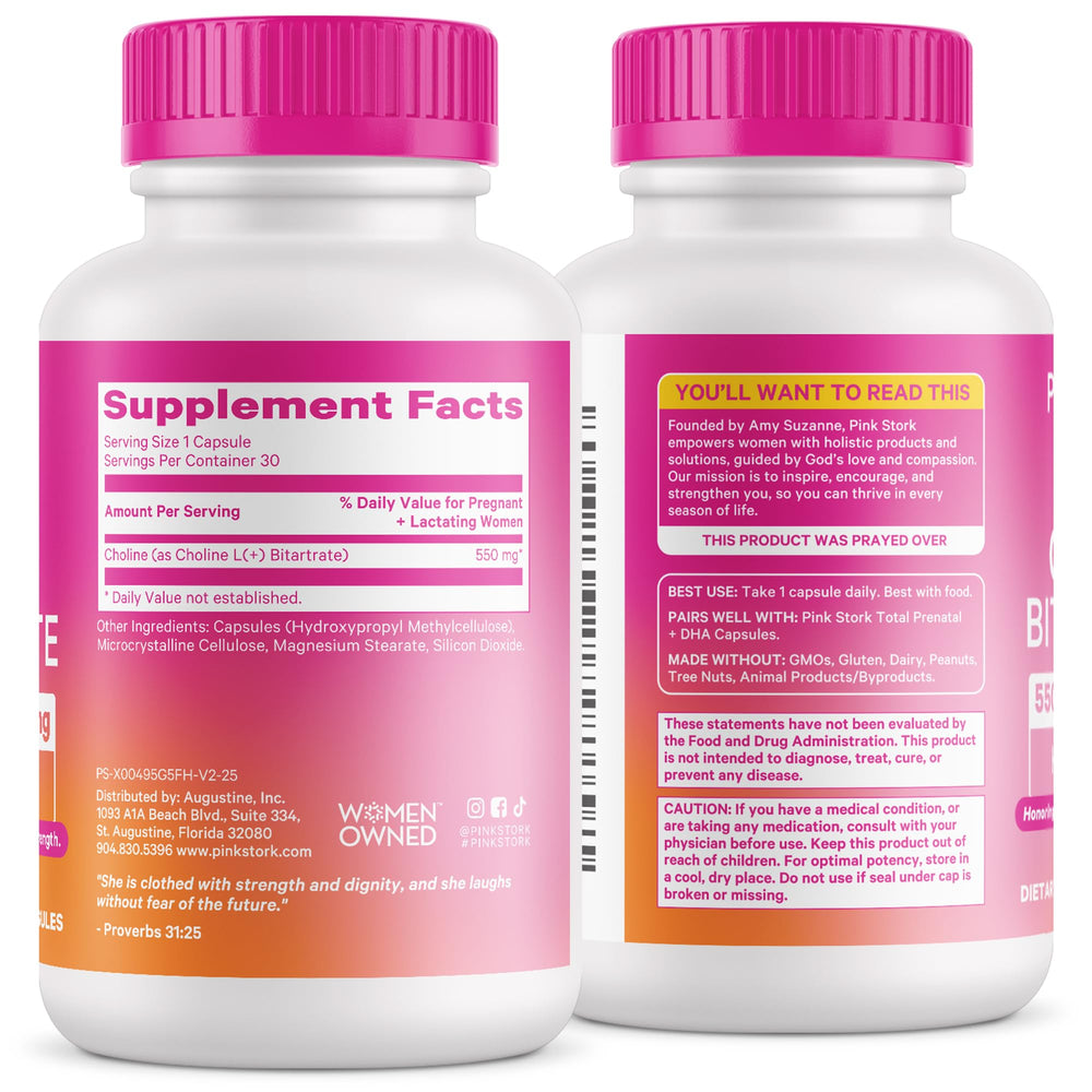 Pink Stork prenatal routine with choline capsule.