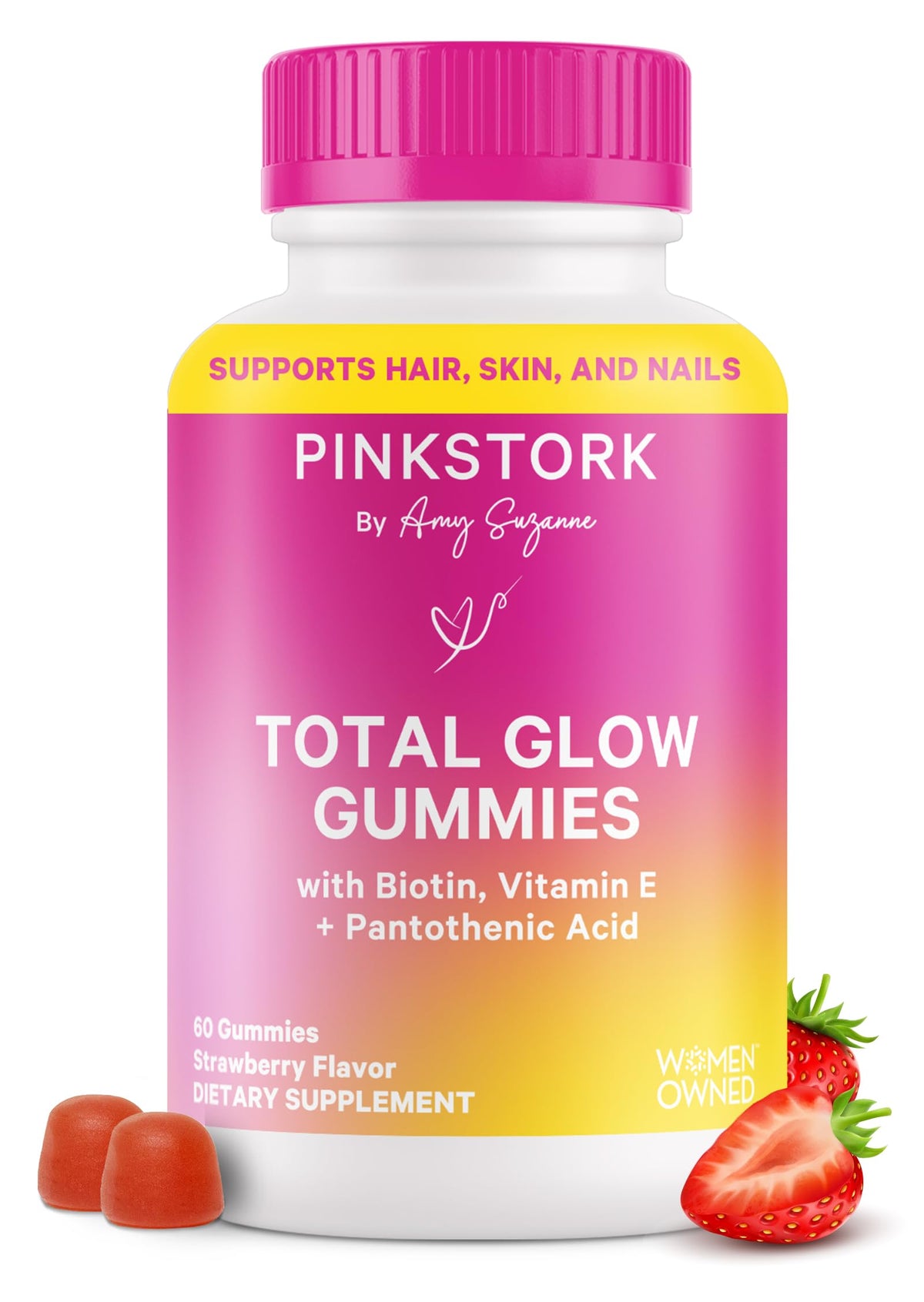 Pink Stork Total Glow Gummies bottle for convenient daily beauty support.