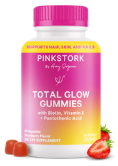 Pink Stork Total Glow Gummies bottle for convenient daily beauty support.