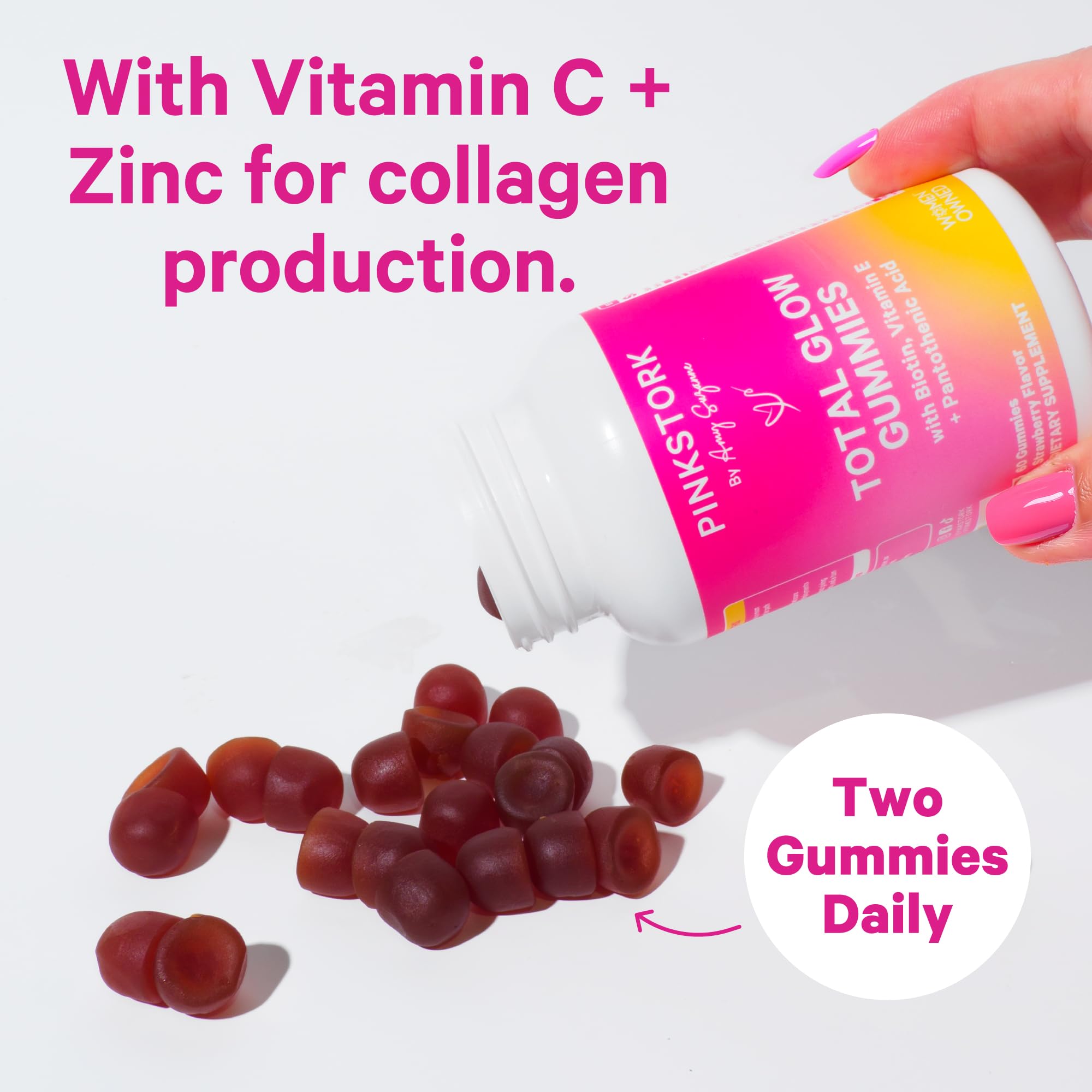 Pink Stork Total Glow Gummies jar on a vanity promoting skin and nail care.