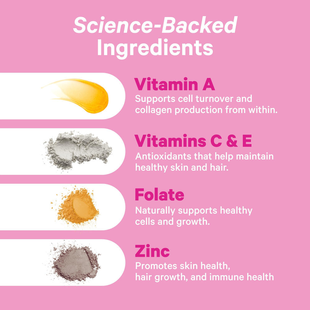 Pink Stork Total Glow Gummies label highlights essential vitamins for wellness.