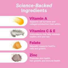Pink Stork Total Glow Gummies label highlights essential vitamins for wellness.