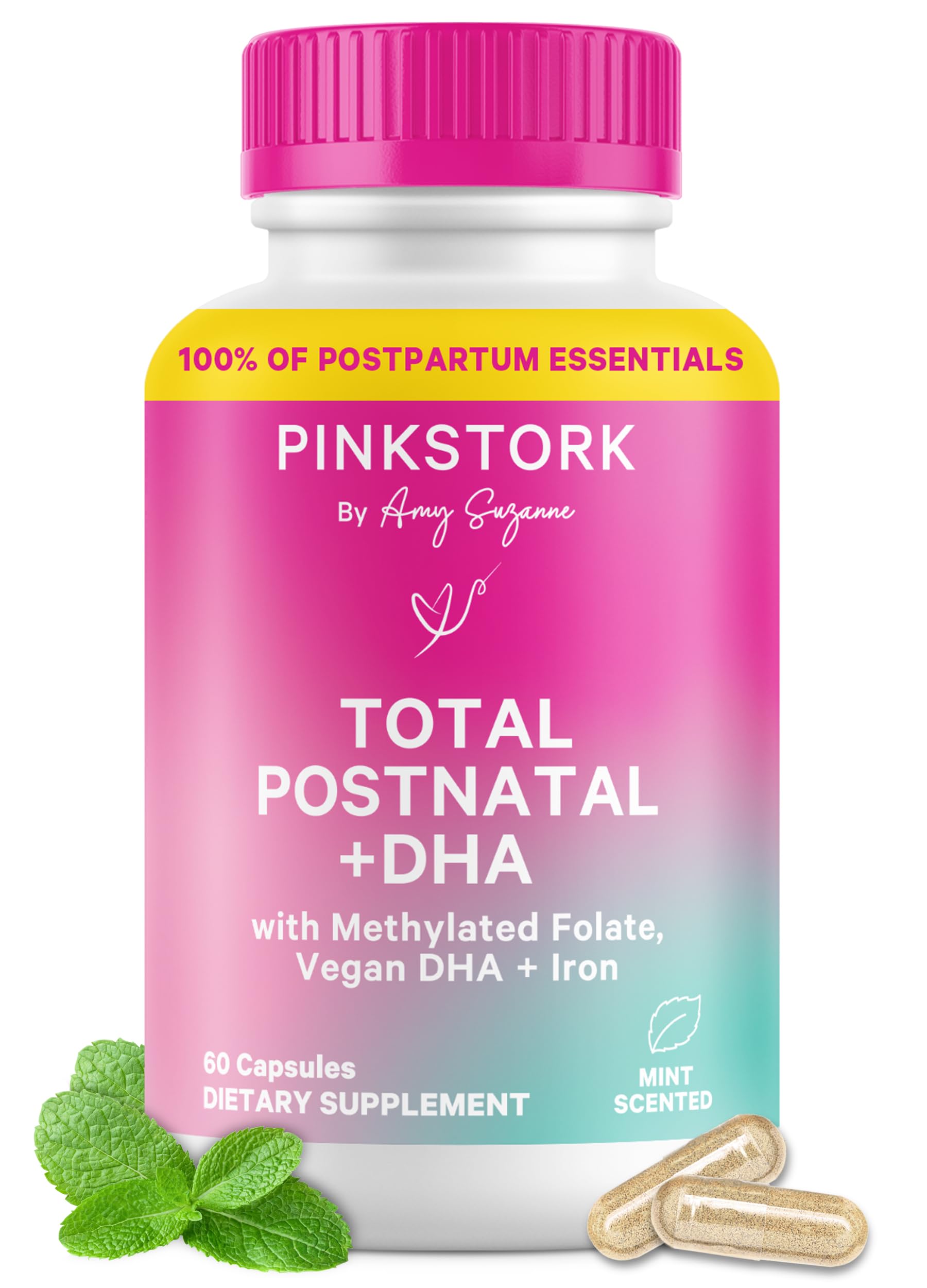 Pink Stork Total Postnatal bottle front view highlighting gentle, comprehensive formula.